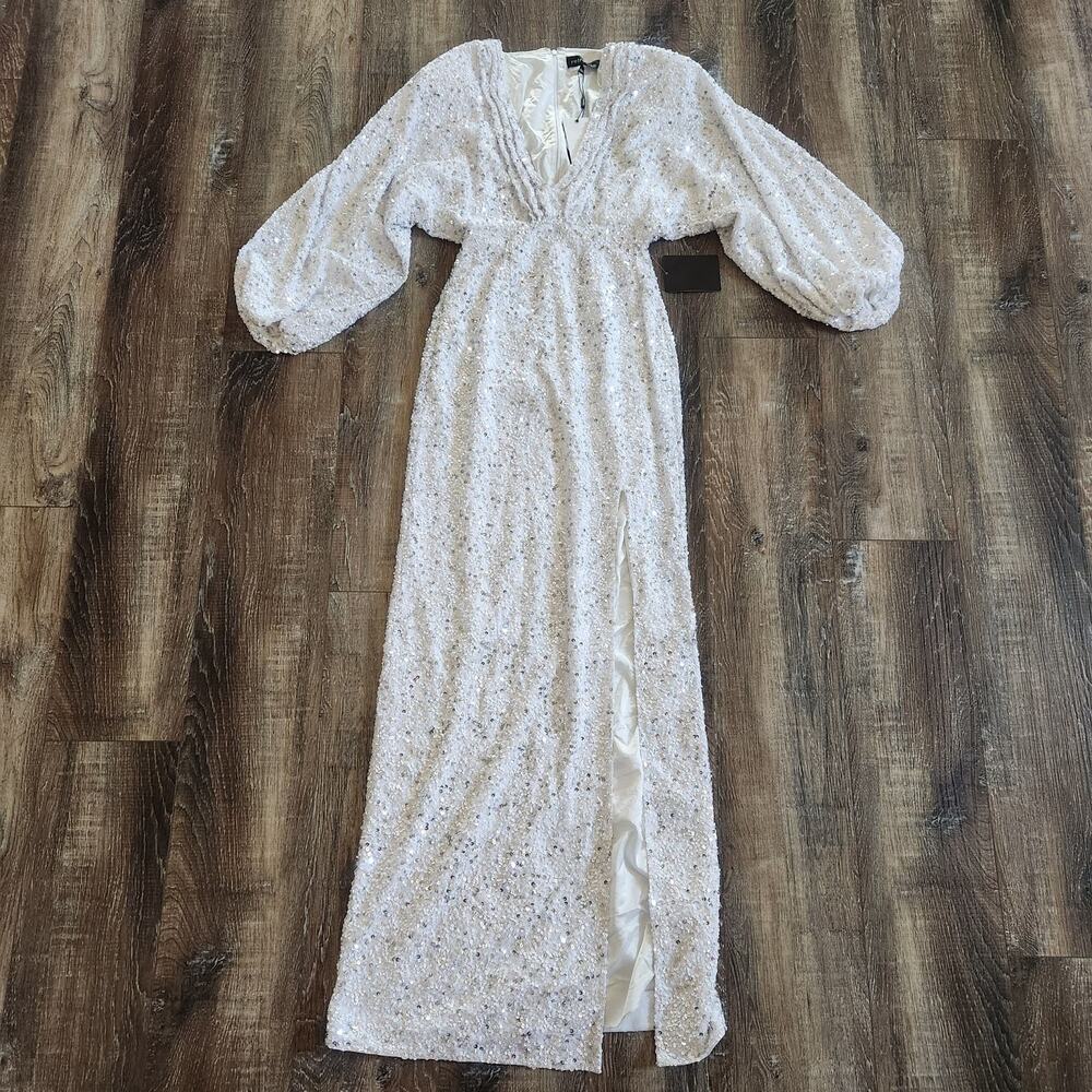 Retrofete Camille Sequin Chiffon Dress V Neck Long Sleeve Maxi White Size XS NWT - Picture 2 of 12